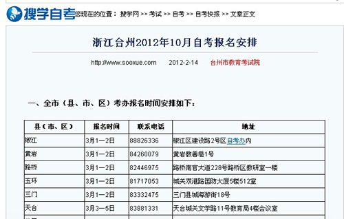 搜学网:浙江台州2012年10月自考报名安排